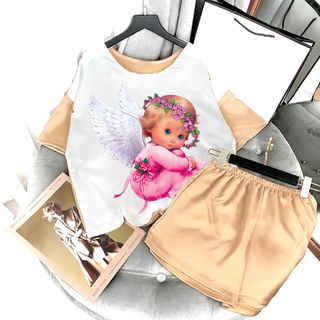 Set đồ đùi nữ vải lụa satin áo ngắn tay hình thiên thần kèm quần đùi