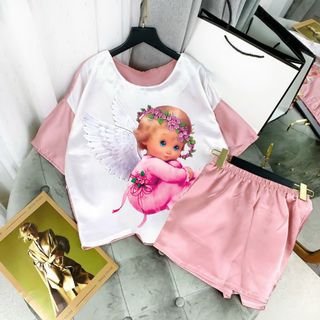 Set đồ đùi nữ vải lụa satin áo ngắn tay hình thiên thần kèm quần đùi