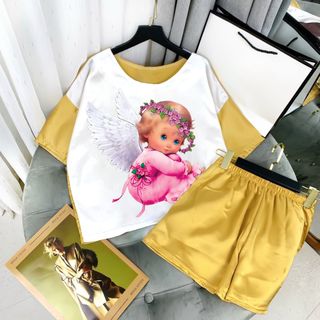 Set đồ đùi nữ vải lụa satin áo ngắn tay hình thiên thần kèm quần đùi