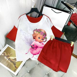 Set đồ đùi nữ vải lụa satin áo ngắn tay hình thiên thần kèm quần đùi