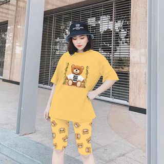 Set đồ nữ áo thun in hinh gấu kèm quần lửng freesize