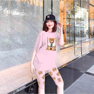 Set đồ nữ áo thun in hinh gấu kèm quần lửng freesize