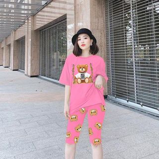 Set đồ nữ áo thun in hinh gấu kèm quần lửng freesize