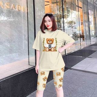 Set đồ nữ áo thun in hinh gấu kèm quần lửng freesize
