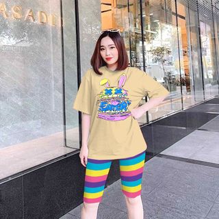 Set đồ nữ áo thun hình thỏ EATER kèm quần sắc màu