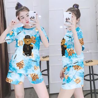 Set đồ loang màu in hình gấu áo kèm quần freesize