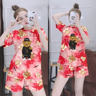 Set đồ loang màu in hình gấu áo kèm quần freesize