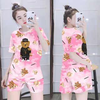 Set đồ loang màu in hình gấu áo kèm quần freesize