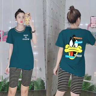 Set đồ nữ áo thun hình vịt kèm quần lửng sọc freesize