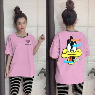 Set đồ nữ áo thun hình vịt kèm quần lửng sọc freesize