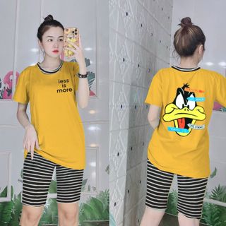 Set đồ nữ áo thun hình vịt kèm quần lửng sọc freesize