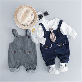 Bộ quần áo mùa thu xuân bé trai, Áo phông trắng+ quần yếm cotton với túi 2 mảnh giá sỉ
