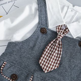 Bộ quần áo mùa thu xuân bé trai, Áo phông trắng+ quần yếm cotton với túi 2 mảnh