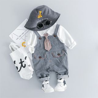 Bộ quần áo mùa thu xuân bé trai, Áo phông trắng+ quần yếm cotton với túi 2 mảnh