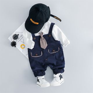Bộ quần áo mùa thu xuân bé trai, Áo phông trắng+ quần yếm cotton với túi 2 mảnh
