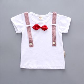Bộ quần áo trẻ em mùa hè thu, áo thun tay ngắn với nơ chấm + quần short sọc