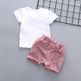 Bộ quần áo trẻ em mùa hè thu, áo thun tay ngắn với nơ chấm + quần short sọc