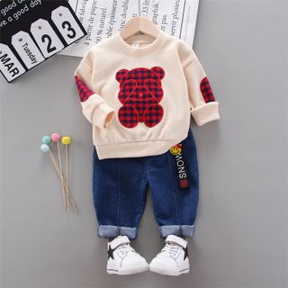 Bộ quần áo thời trang bé trai mùa thu, đông với gấu + quần denim