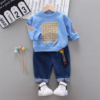 Bộ quần áo thời trang bé trai mùa thu, đông với gấu + quần denim