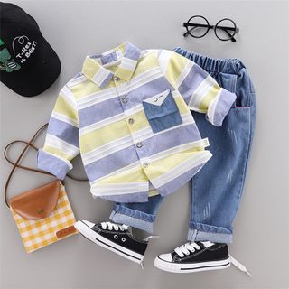 Bộ quần áo thời trang cho bé trai Áo sơ mi kẻ sọc dài tay + quần jean