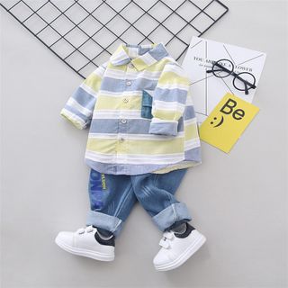 Bộ quần áo thời trang cho bé trai Áo sơ mi kẻ sọc dài tay + quần jean