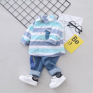 Bộ quần áo thời trang cho bé trai Áo sơ mi kẻ sọc dài tay + quần jean