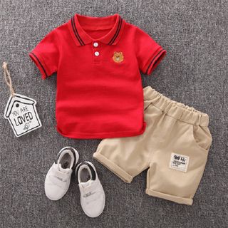 Bộ quần áo bé trai, áo thun sọc ngắn tay với họa tiết gấu + quần short