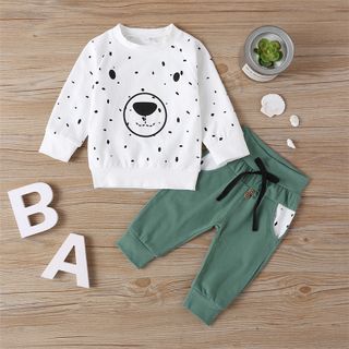 Bộ quần áo bé trai cotton thu đông, dài tay in hình gấu + quần sọc