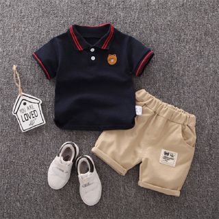 Bộ quần áo bé trai, áo thun sọc ngắn tay với họa tiết gấu + quần short