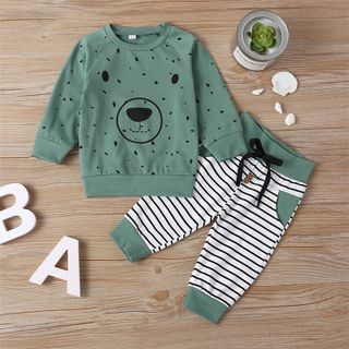 Bộ quần áo bé trai cotton thu đông, dài tay in hình gấu + quần sọc