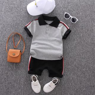 Bộ Quần áo bé trai mùa hè, Áo thun sọc tay ngắn + Quần short