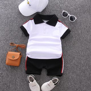 Bộ Quần áo bé trai mùa hè, Áo thun sọc tay ngắn + Quần short