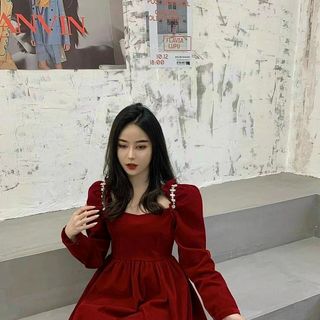 Váy đầm nhung đỏ giáng sinh/ hàng QC loại 1