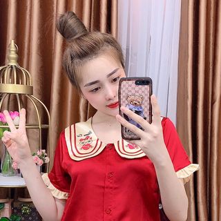 Đồ bộ pijama Satin chins màu in 2sọc mèo hồng Quần đùi
