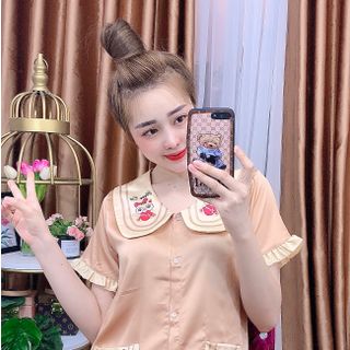 Đồ bộ pijama Satin chins màu in 2sọc mèo hồng Quần đùi