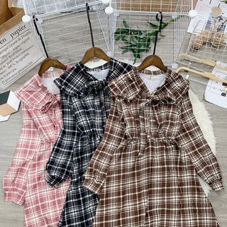 Đầm dạ nhung cổ phủ bèo nơ  Mẫu đẹp chời, đẹp xĩu á nhaaaaa 😍.  Tiểu thư sang trảnhhh quá trời 😍 Chất dạ nhung len kẻ sọc caro dày mịn đẹp, có thun dễ mặc nè giá sỉ