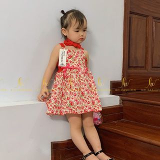 Váy hoa cho bé gái, hàng thiết kế tết kèm tuban