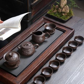 Bộ Ấm Pha Trà Tử Sa Họa Tiết Nổi Hoa Sen Cao Cấp15 Chi Tiết tặng Kèm Hộp Gỗ
