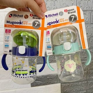 Bình tập uống chống đổ Mugood Richell 200ml có ống hút - Xanh đậm