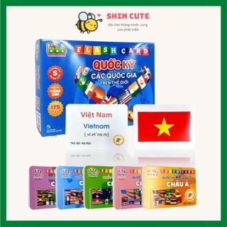 Thẻ học thông minh, thẻ quốc kỳ các quốc giá trên thế giới gồm 175 thẻ Flashcard loại to của 5 châu lục song ngữ Anh – Việt