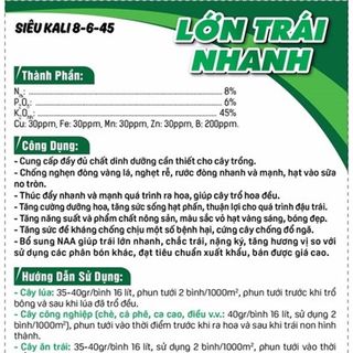 Combo 20 gói Phân bón Lớn trái nhanh nuôi trái non lớn nhanh, hạn chế thối trái, nứt trái, sáng bóng, đặc ruột, chắc hạt, nặng ký, thơm ngon, đậm vị.