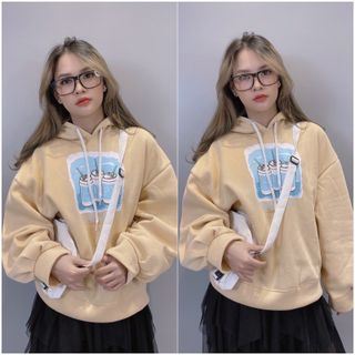 Áo hoodie tay phồng cánh dơi in 3 lon nước trẻ trung, năng động