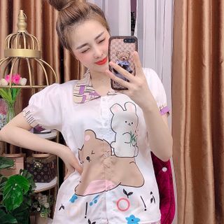 Đồ bộ nữ mặc nhà pijama Satin chins in Gấu thỏ Quần Đùi