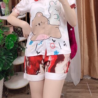 Đồ bộ nữ mặc nhà pijama Satin chins in Gấu thỏ Quần Đùi