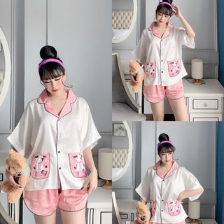 Đồ bộ nữ mặc nhà pijama Satin chins phom canh doi. 2tui in bò sữa Quần Đùi