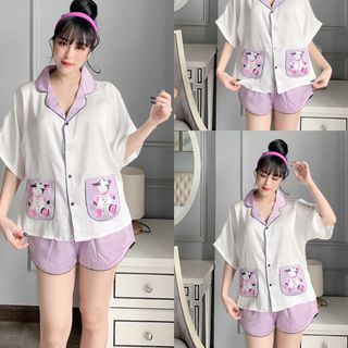 Đồ bộ nữ mặc nhà pijama Satin chins phom canh doi. 2tui in bò sữa Quần Đùi