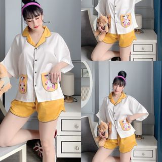 Đồ bộ nữ mặc nhà pijama Satin chins phom canh doi. 2tui in bò sữa Quần Đùi
