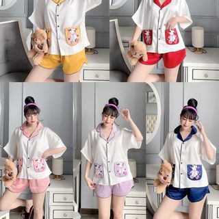 Đồ bộ nữ mặc nhà pijama Satin chins phom canh doi. 2tui in bò sữa Quần Đùi