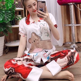 Đồ bộ nữ mặc nhà pijama Satin chins in Gấu thỏ QDTCỘC