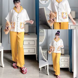 Đồ bộ nữ mặc nhà pijama Satin chins Phom cánh dơi 2tui in bò sữa Quần lửng
